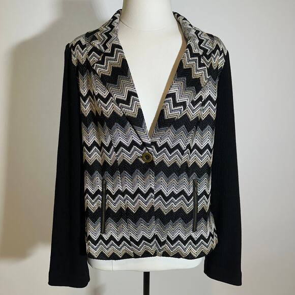 Chicos Size 1 Metallic Black Gold Shimmer Chevron Blazer Jacket Womens Medium M - Picture 1 of 8